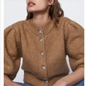 ZARA Chunky Knit Puff Sleeve Rhinestone Button Cardigan Sweater Size Small